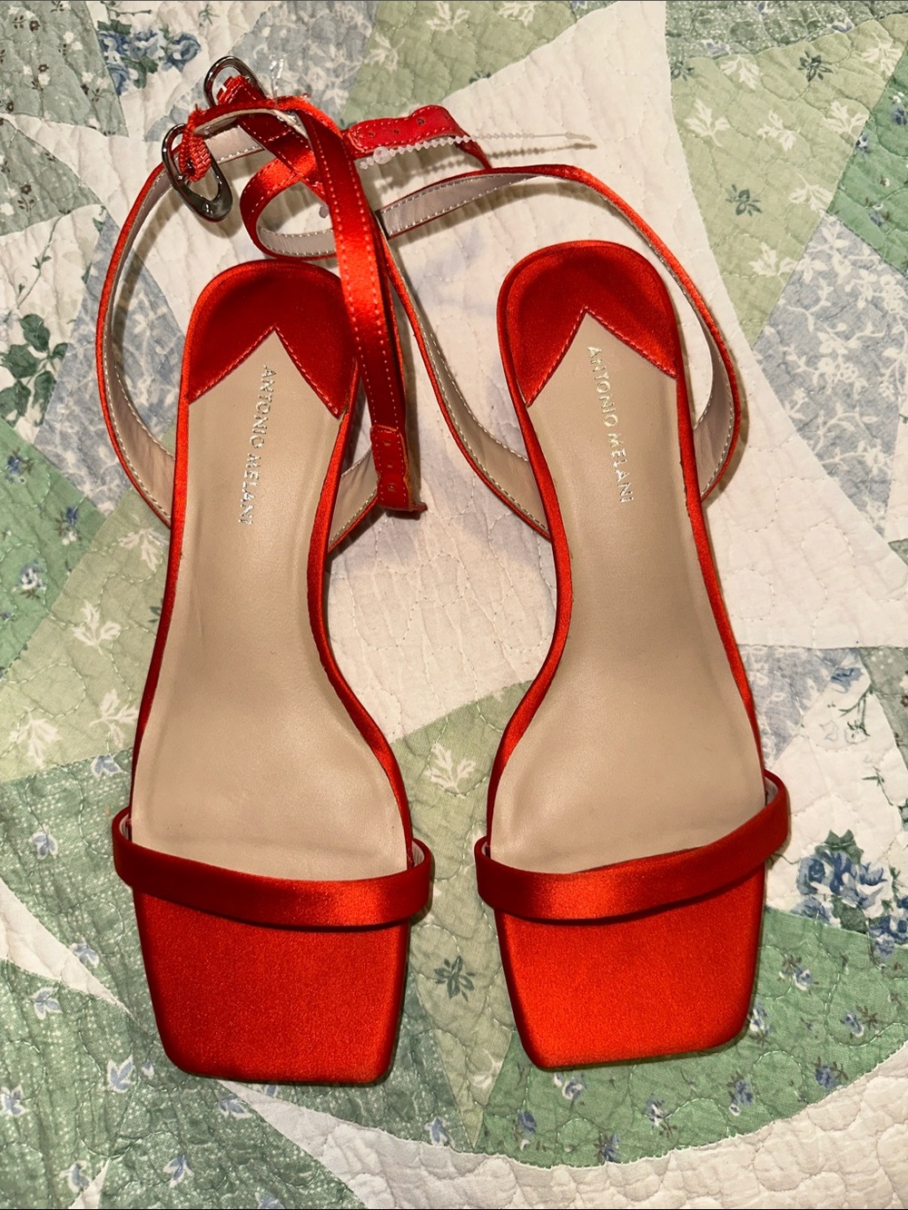 ANTONIO MELANI Red Satin Square-Toe Ankle-Tie Sandals